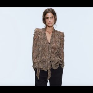 ZARA sheer leopard print blouse with bow S